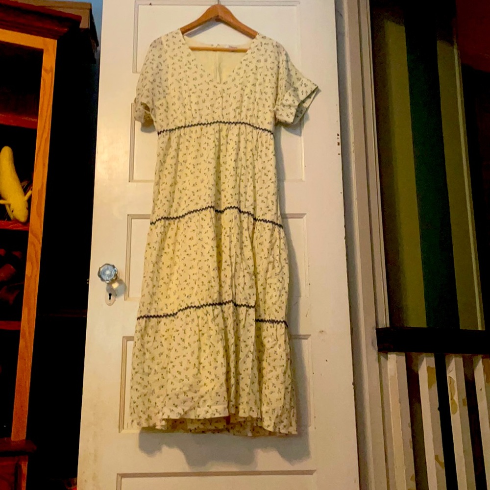 Madewell maxi dress with blue Zig zags and purple flowers